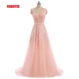 CustomizedVestido De Festa Sweet Pink Lace V-neck Long Evening Dress Bride Party Sexy Backless beads pearls Prom Dresses lace-up