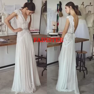 Customized Boho Wedding Dresses Cap Sleeves V-neck Open Back Wedding Gowns Pleated Skirt Elegant A-line Bridal Gown Vestidos